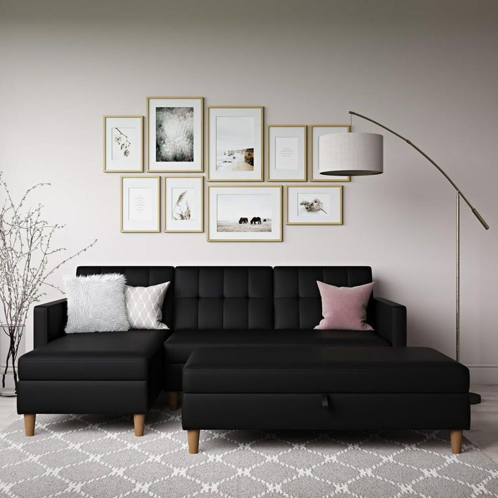 Sofá Seccional Hatford negro tela tejida dos piezas más baúl