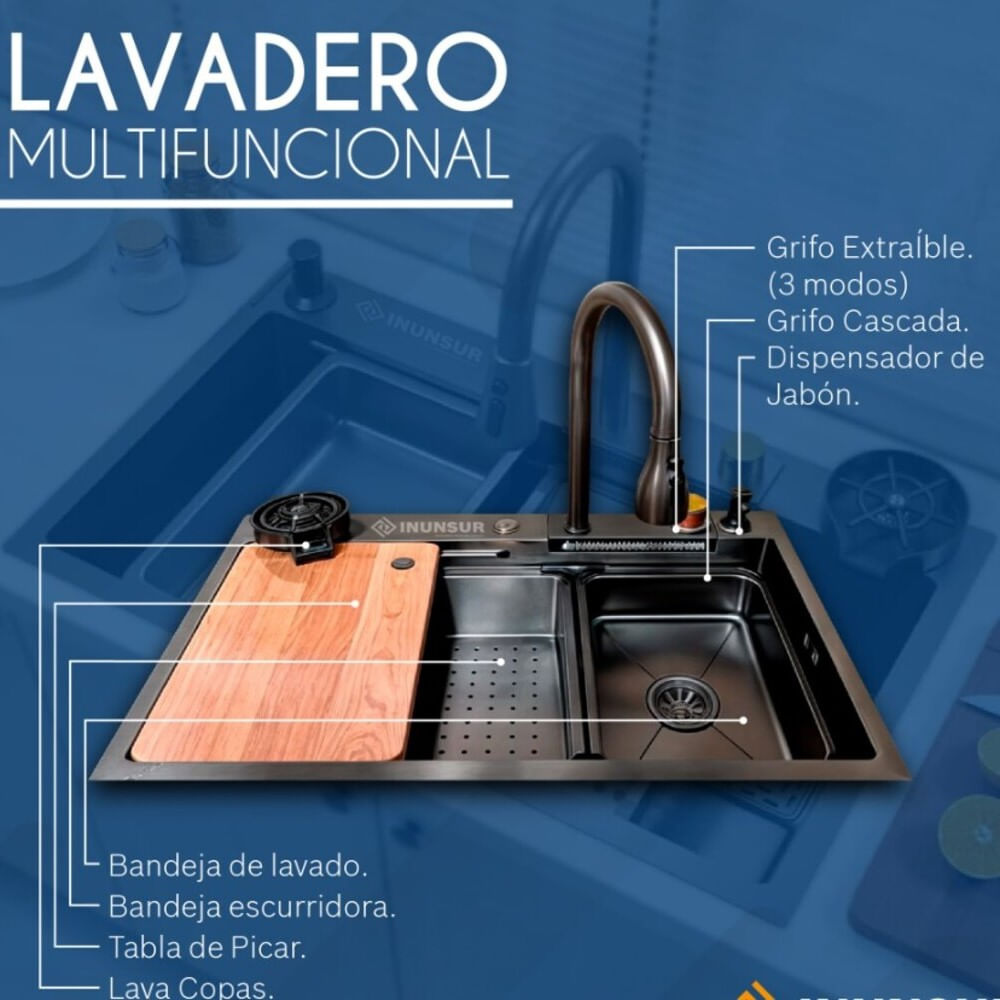 Lavadero Multifuncional de Cocina Acero Negro Inoxidable S304