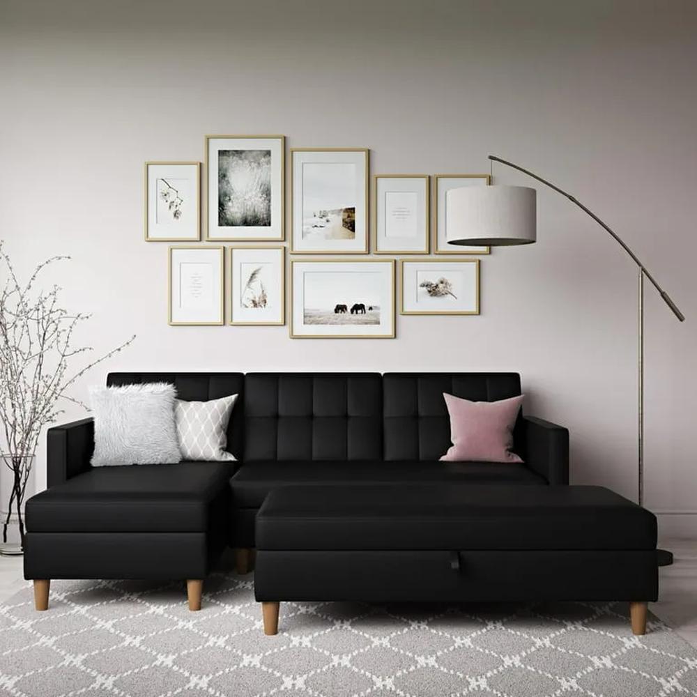 Sofá Seccional Hatford negro cuero pranna dos piezas más baúl