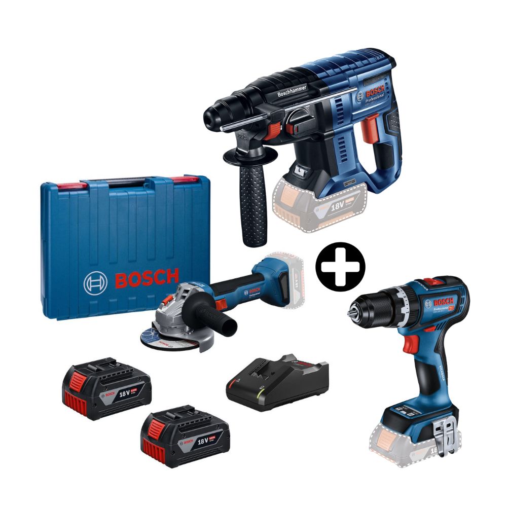 COMBO Bosch: Taladro de Percusión GSB 18v-90 C + Amoladora 4 1/2"" GWS 18V-8 + 2 Baterías + Cargador + Maletín + Rotomartillo 18V Bosch GBH 180-LI