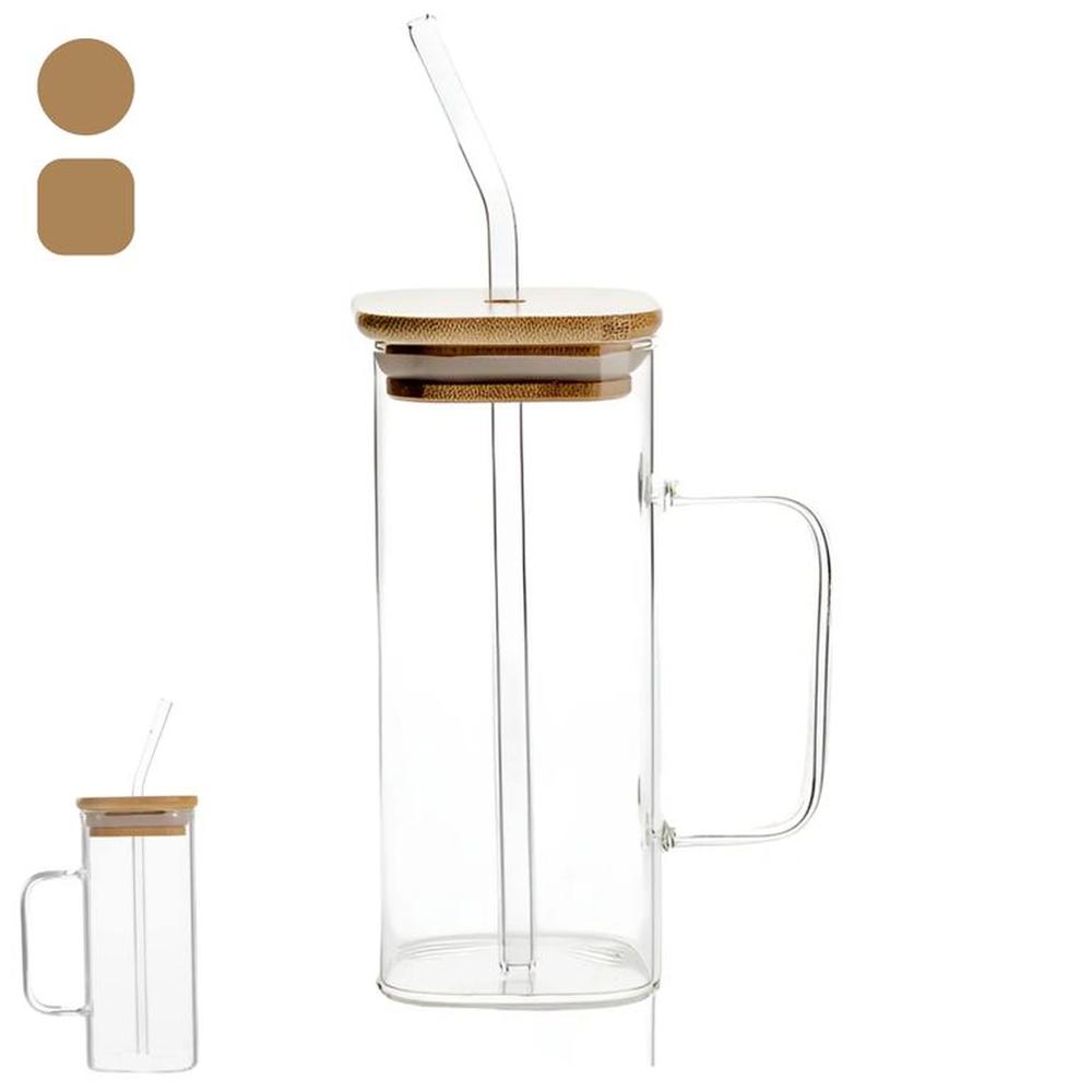 Vaso Taza de Vidrio con Sorbete y Tapa de Bambú