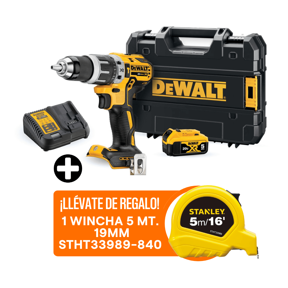 Taladro Percutor Inalámbrico DeWalt DCD796P1-K5 1/2"" 20V XR + 01 Bateria 5AH + Cargador + Wincha 5 mts x 19mm