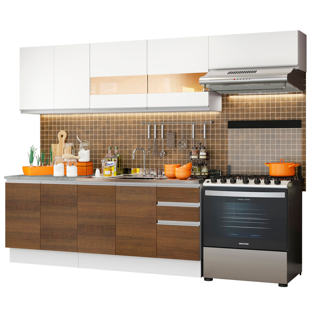 Mueble de Cocina Integral Marcela 280 cm Blanco Marrón y Blanco 03