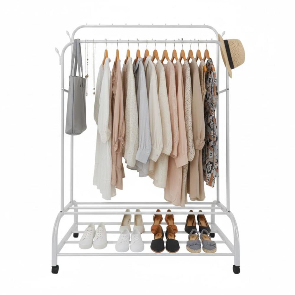 Perchero Doble Colgador Armable con Ruedas y Estantes Blanco