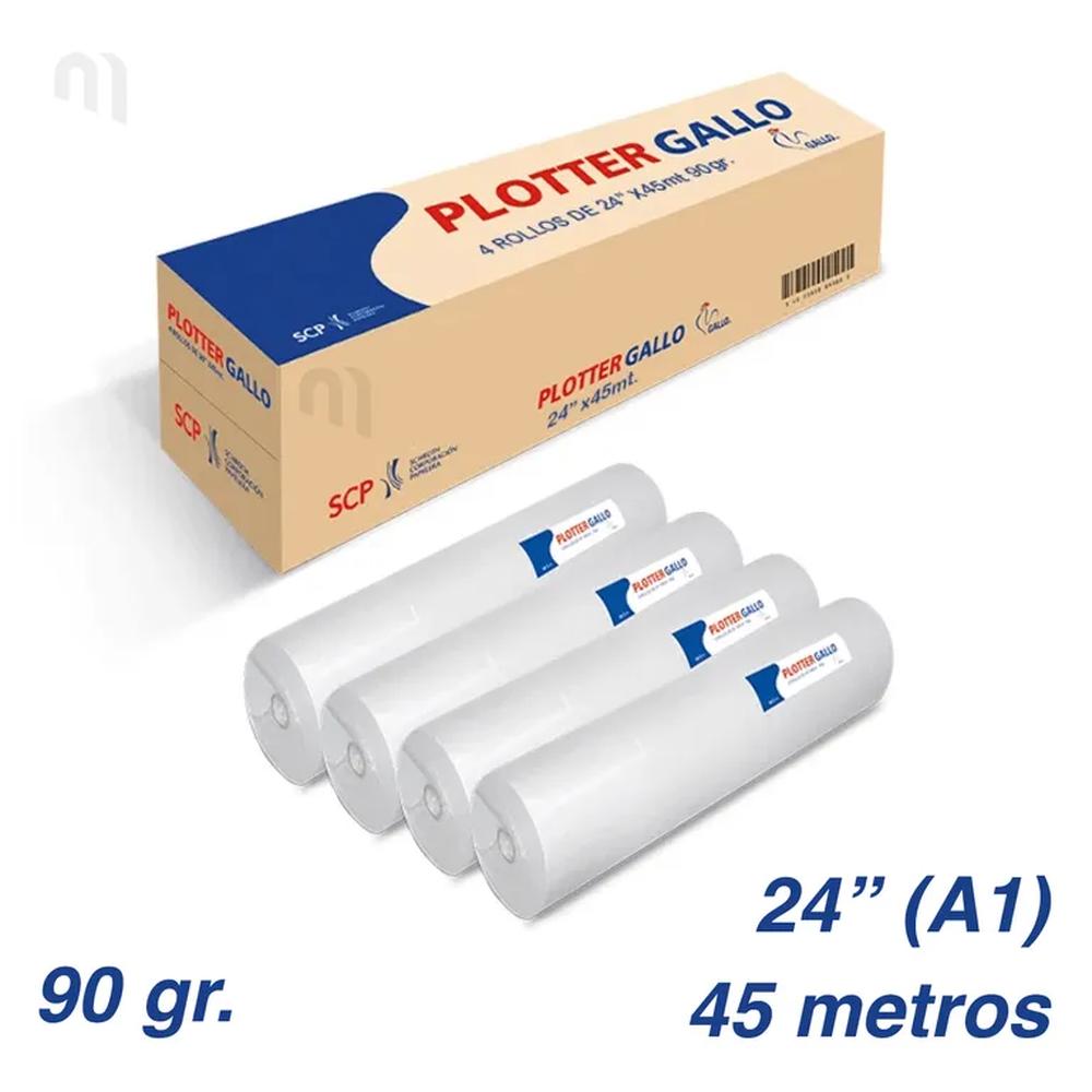 ROLLO PAPEL PLOTTER BOND GALLO 90GR 24 X 45M CAJA DE 4 ROLLOS A1