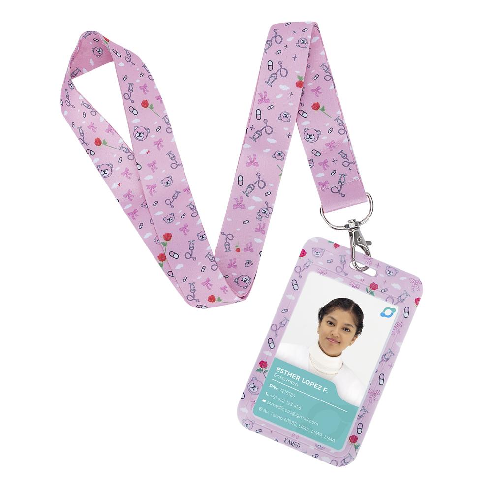 Porta Fotocheck de PVC y Lanyard KAMED Diseño Médico Rosado