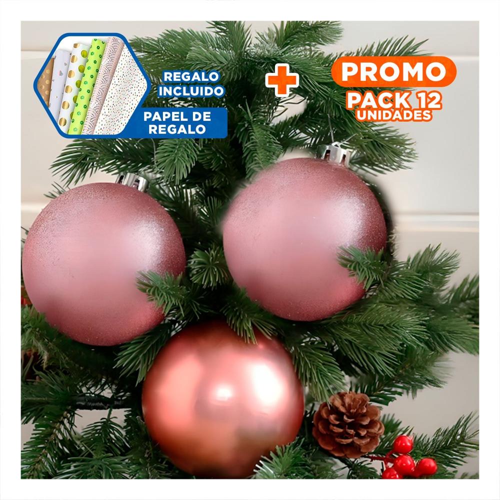 Pack12 Pelotas Solidas de Navidad de Rosa Y+Papel de Regalo