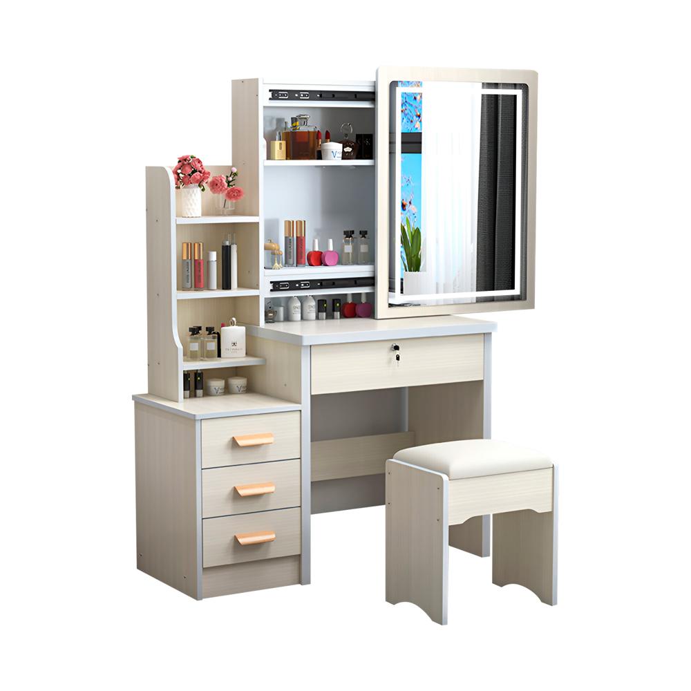 Tocador de Maquillaje Con Espejo Iluminado y Sillón Para Dormitorio | Crema