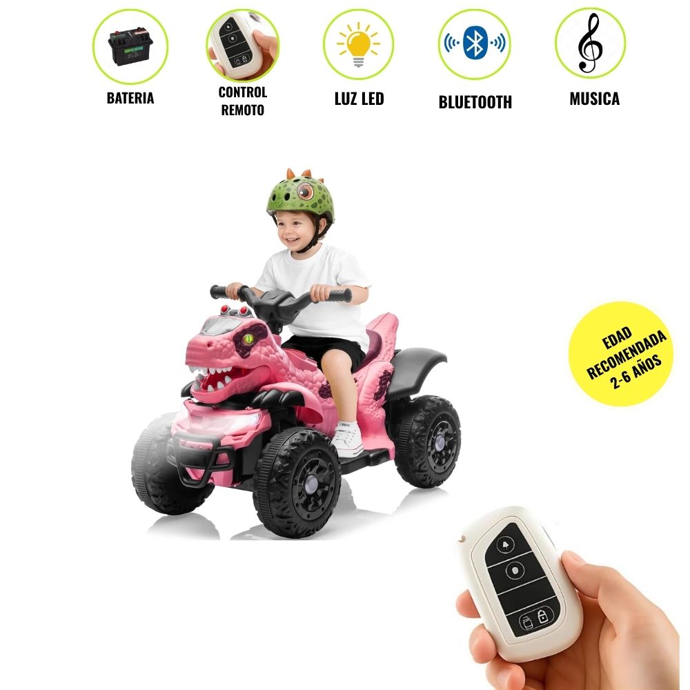 Cuatrimoto a Batería para Niños Dinosaurio con Control Remoto Bluetooth y Musica Rosa