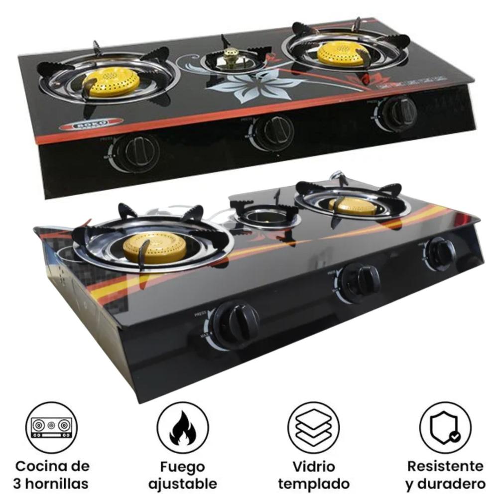 Cocina a Gas MS 66888 3 Hornillas Vidrio Templado