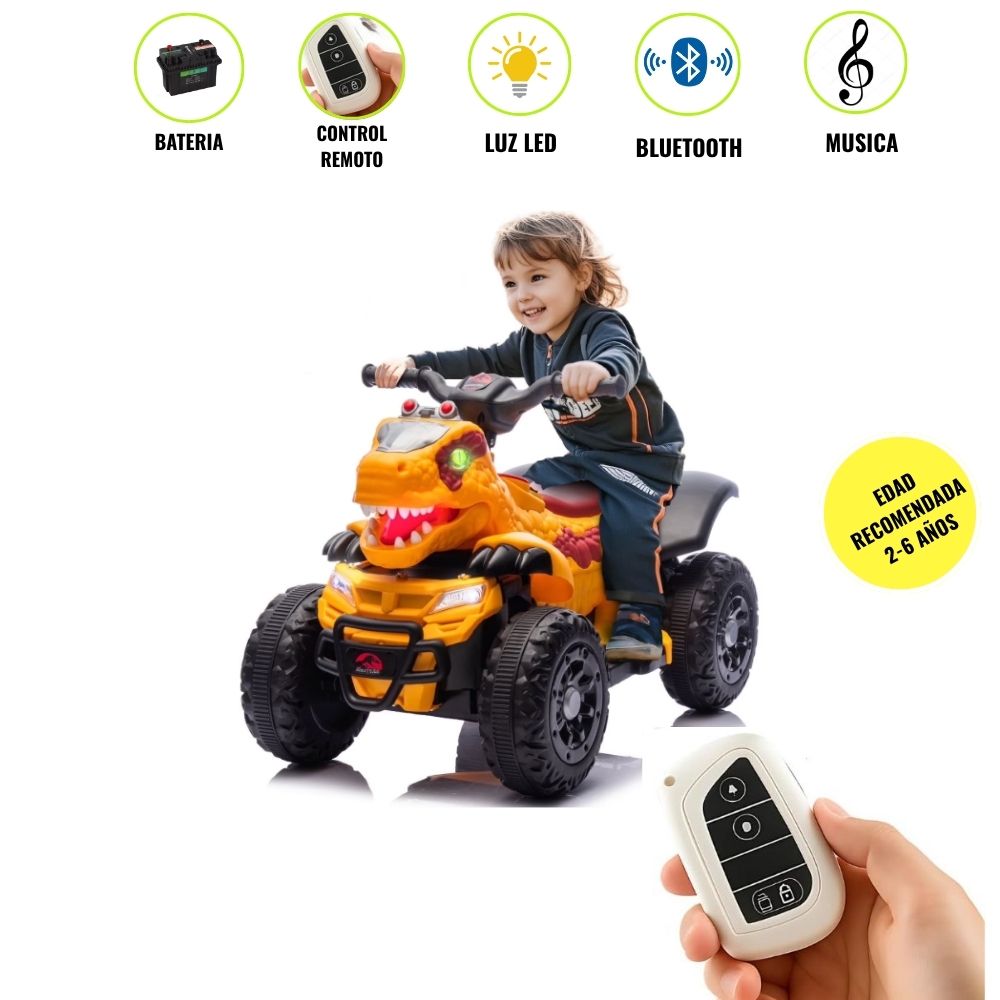 Moto a Batería para Niños Dinosaurio con Control Remoto Bluetooth y Musica Amarillo