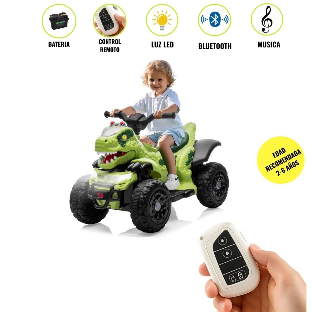 Moto a Batería para Niños Dinosaurio con Control Remoto Bluetooth y Musica Verde