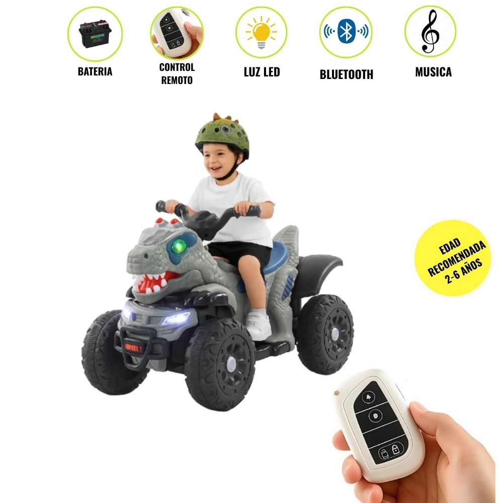 Cuatrimoto a Batería para Niños Dinosaurio con Control Remoto Bluetooth y Musica Gris