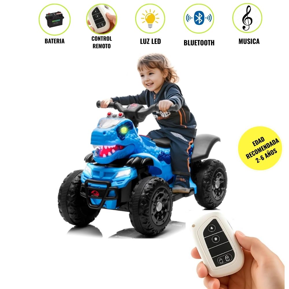 Cuatrimoto a Batería para Niños Dinosaurio con Control Remoto Bluetooth y Musica Celeste
