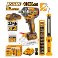 Kit llave de impactor brushless Ingco 20V 400NM con lámpara con dados y puntillas COSLI23048