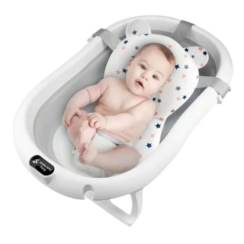 Bañera de Bebe Plegable+Termómetro Cojin Antideslizante Gris
