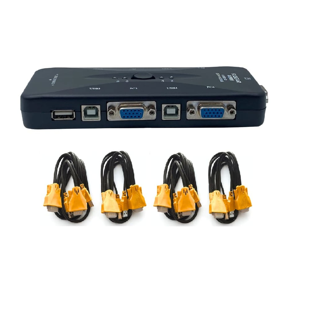 Switch VGA KVM 4PC para 1 monitor, Teclado y Mouse, Con 4 Cables VGA