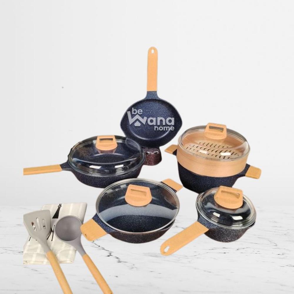 Set Ollas Roca Volcánica Antiadherente con Vaporizador Bambú 13pcs AZUL - MGC