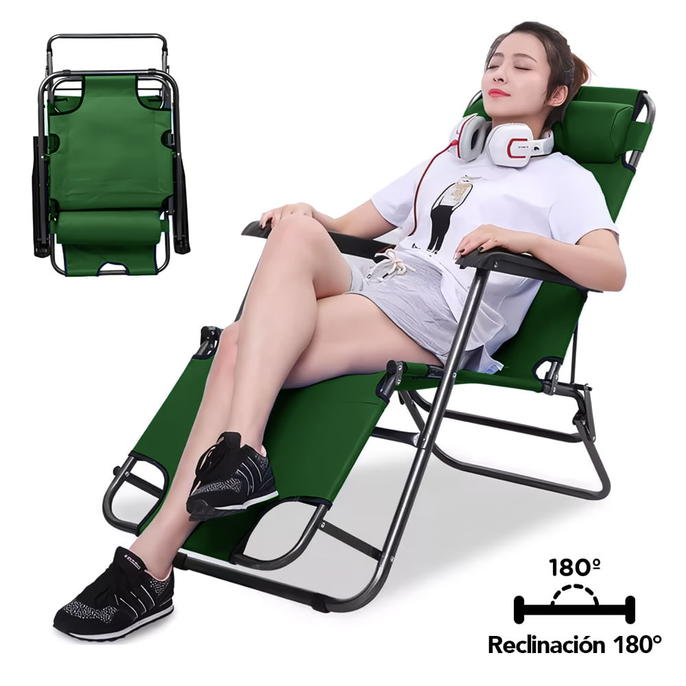 Silla Camping Reclinable 180° Plegable Verde HN3