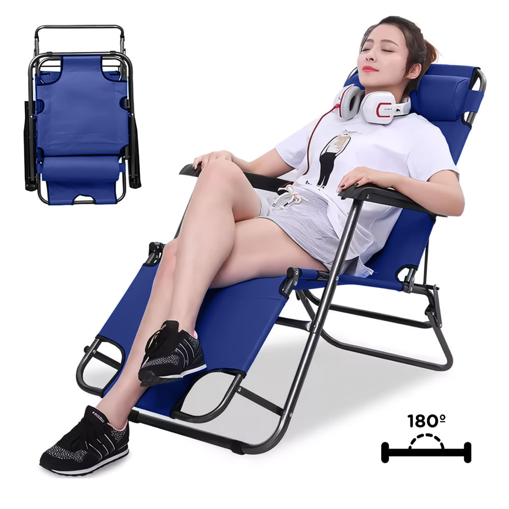 Silla Camping Reclinable 180° Plegable Azul HN3