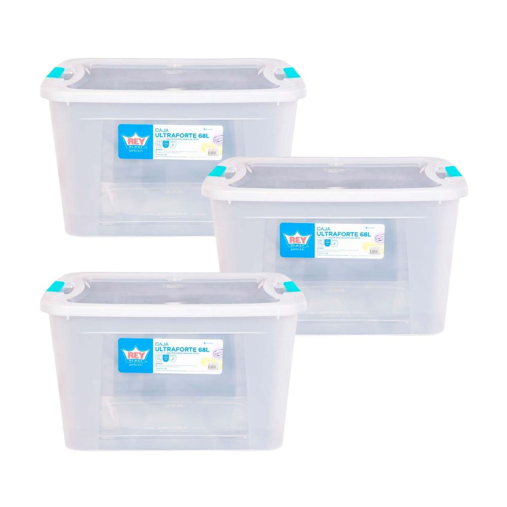 Combo Reyplast: 3 Cajas Organizadora Ultraforte 68 litros Transparente