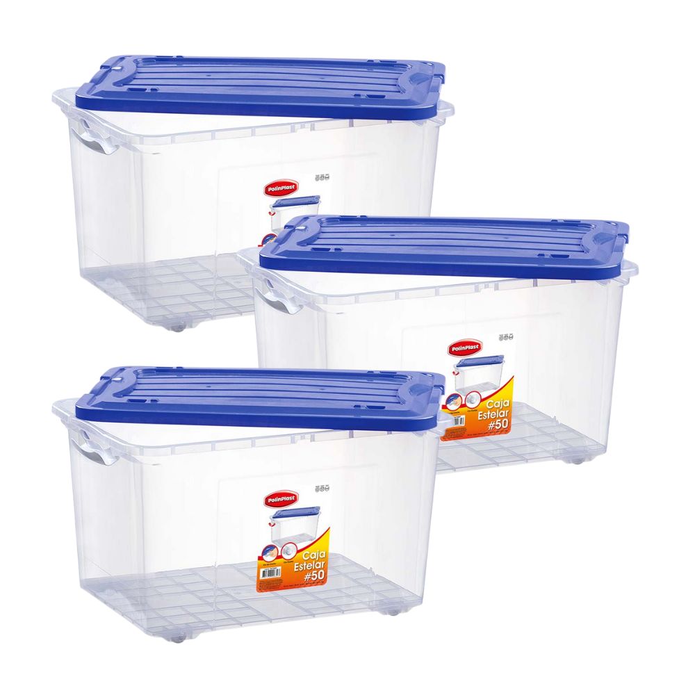 Combo Polinplast: 3 Cajas estelar con tapa y ruedas #50 - con Tapa Color Aleatorio