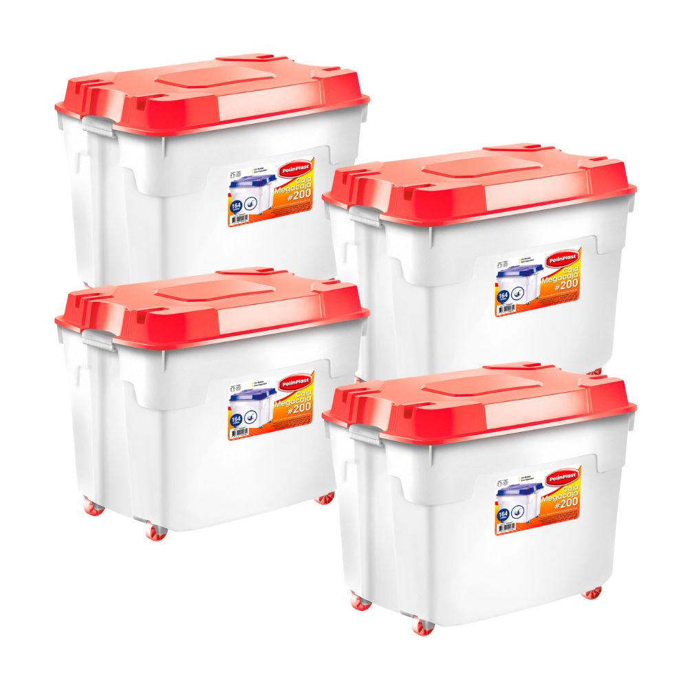 Combo Polinplast: 4 Cajas Organizadora Plástica con Ruedas #200 Roja