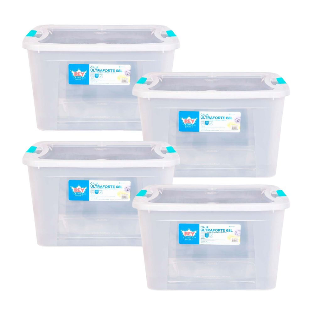 Combo Reyplast: 4 Cajas Organizadora Ultraforte 68 litros Transparente