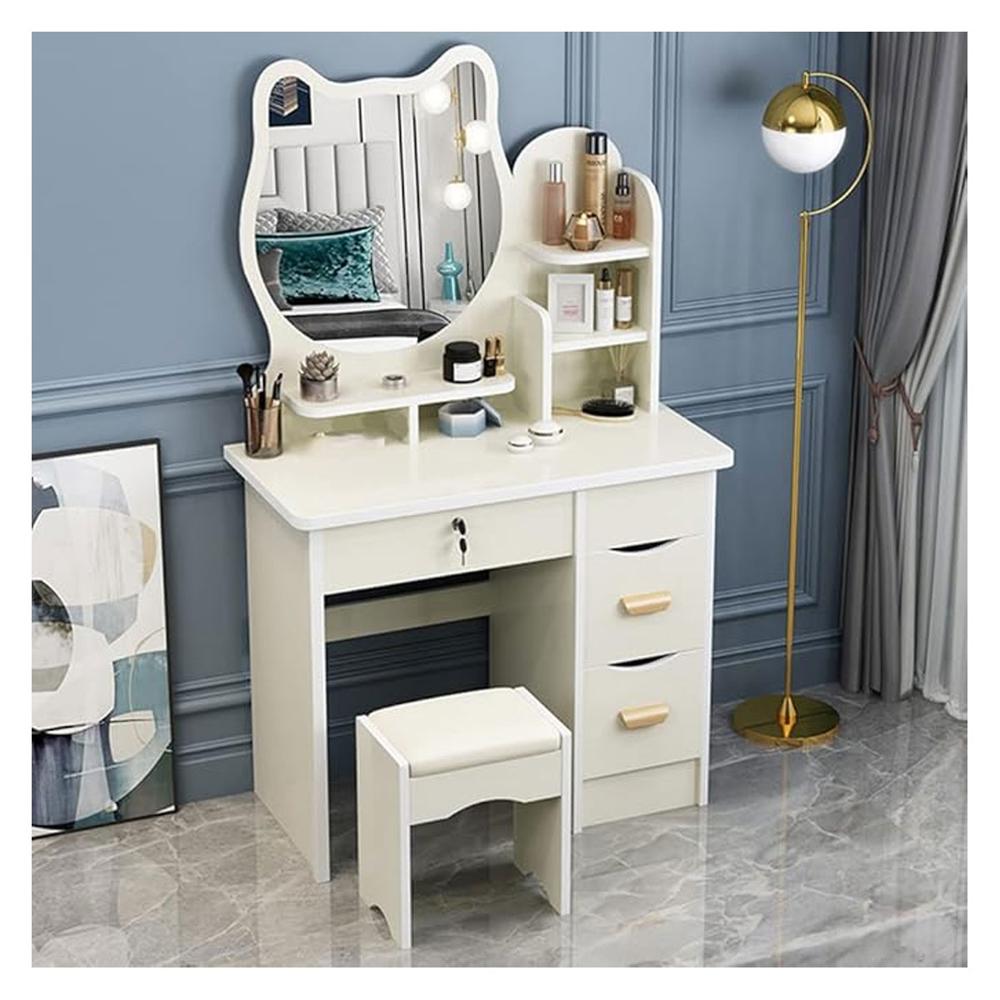 Tocador De Maquillaje Espejo Taburete Para Dormitorio Gato Beige
