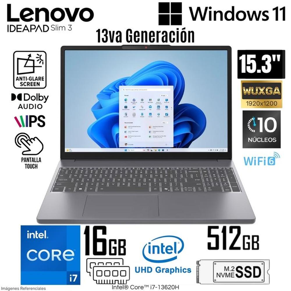 Laptop Lenovo IdeaPad Slim 3 Intel Core i7-13620H 16GB RAM 512GB SSD 15.3  WUXGA Touch - 83K100KCLM