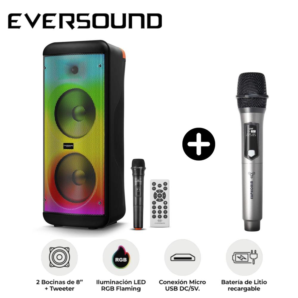 Torre de Sonido Eversound EV 5008WL 02 Bocinas 8"" + Micrófono Inalámbrico Euphoria