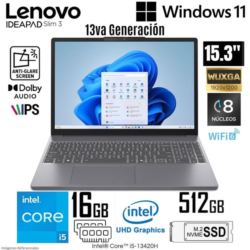 Laptop Lenovo IdeaPad Slim 3 Intel Core i5-13420H 16GB RAM 512GB SSD 15.3  WUXGA IPS - 83K100C3LM