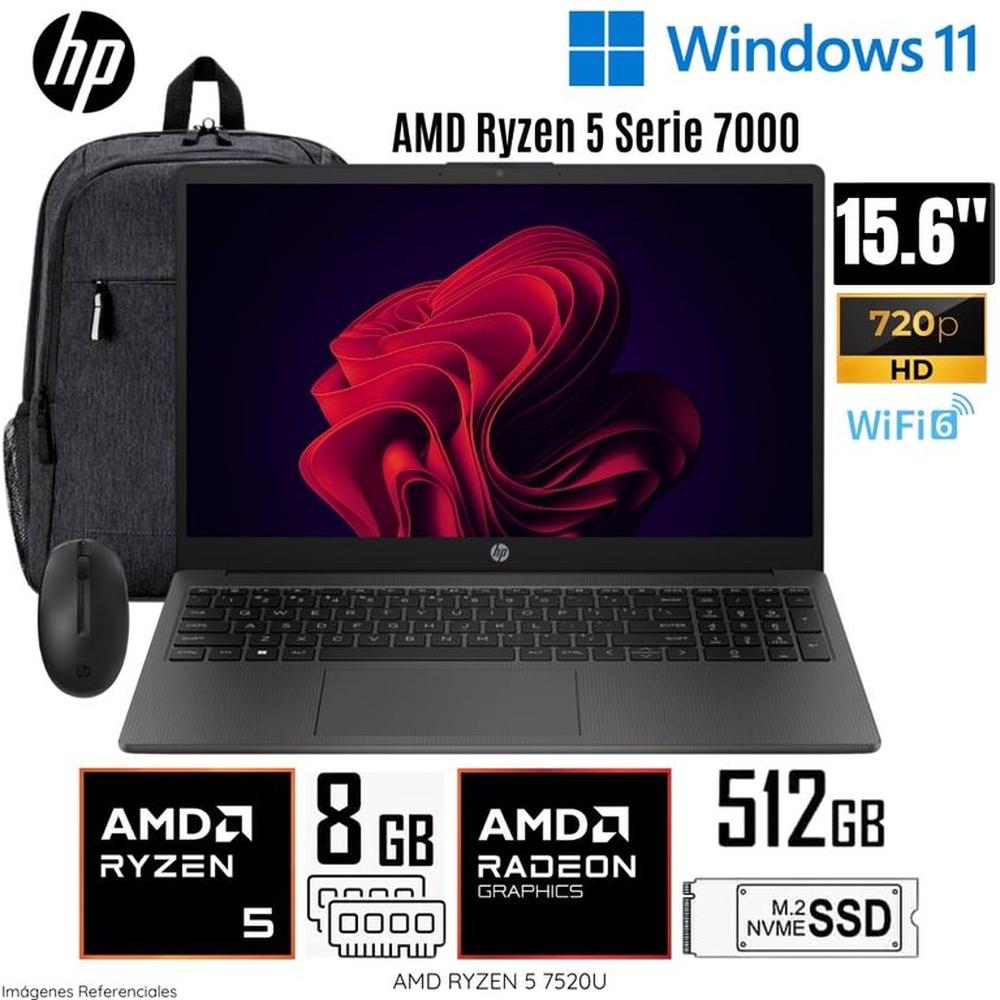 Laptop HP 255 G10 AMD Ryzen 5 7520U 8GB RAM 512GB SSD 15.6 HD A12HBLT más Mochila y Mouse HP