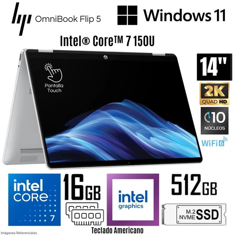 Laptop HP OmniBook 5 Flip 14-FP0023DX  Intel Core 7 150U 16GB RAM 512GB SSD 14Pulg 2K Touch - Silver
