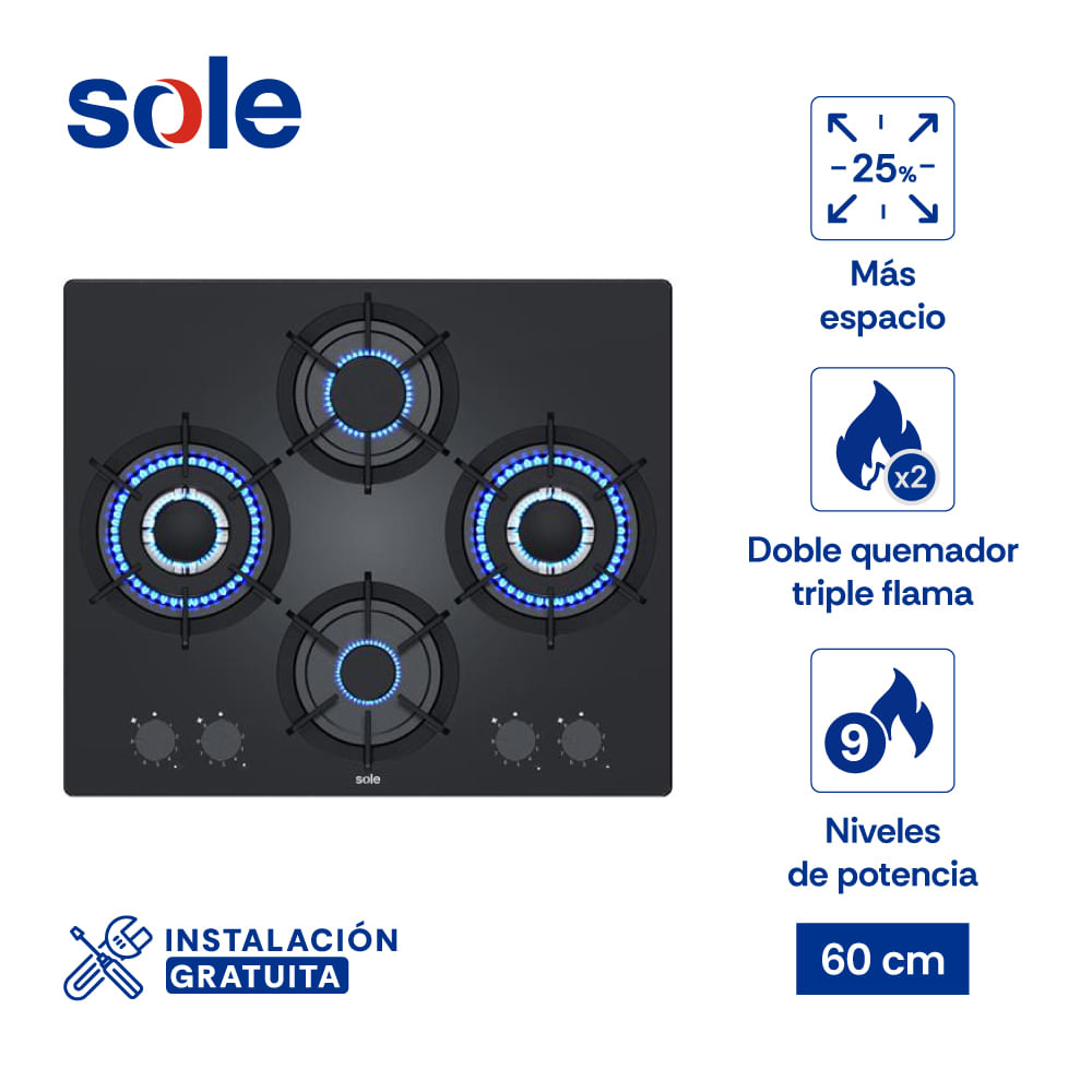 Encimera Rubí Pro Sole Vidrio Templado A Gas 60 Cm 4 Hornillas Encimera Rubí Pro Sole Vidrio Templado A Gas 60 Cm 4 Hornillas