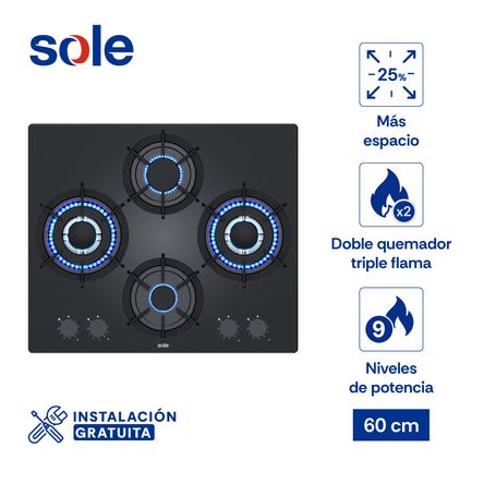 Encimera Rubí Pro Sole Vidrio Templado A Gas 60 Cm 4 Hornillas