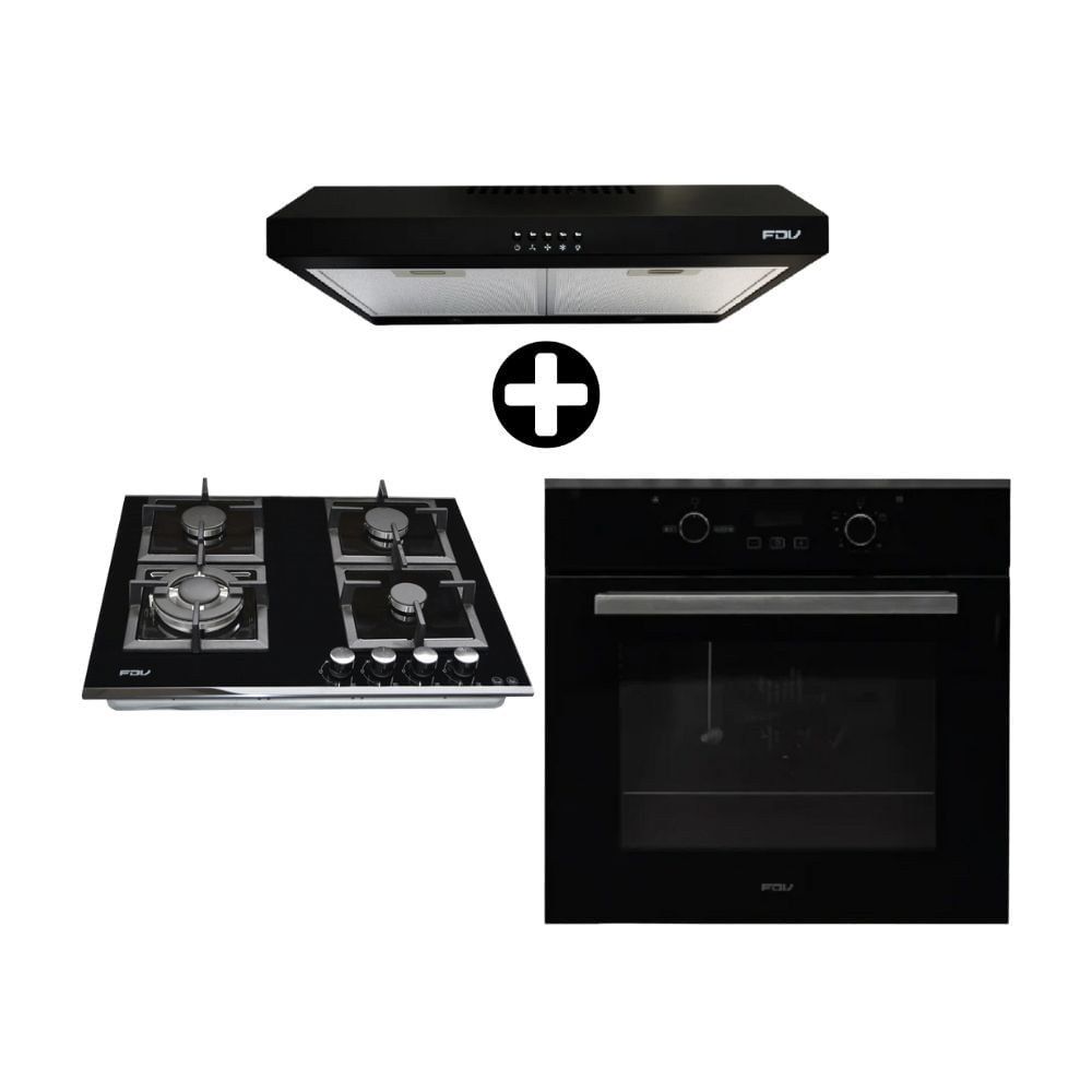 COMBO FDV: Cocina Encimera empotrable Black 60 + Horno Empotrable Glp Vidrio Templado Black 70L + Campana Extractora 60cm Class Black Acero Inoxidable