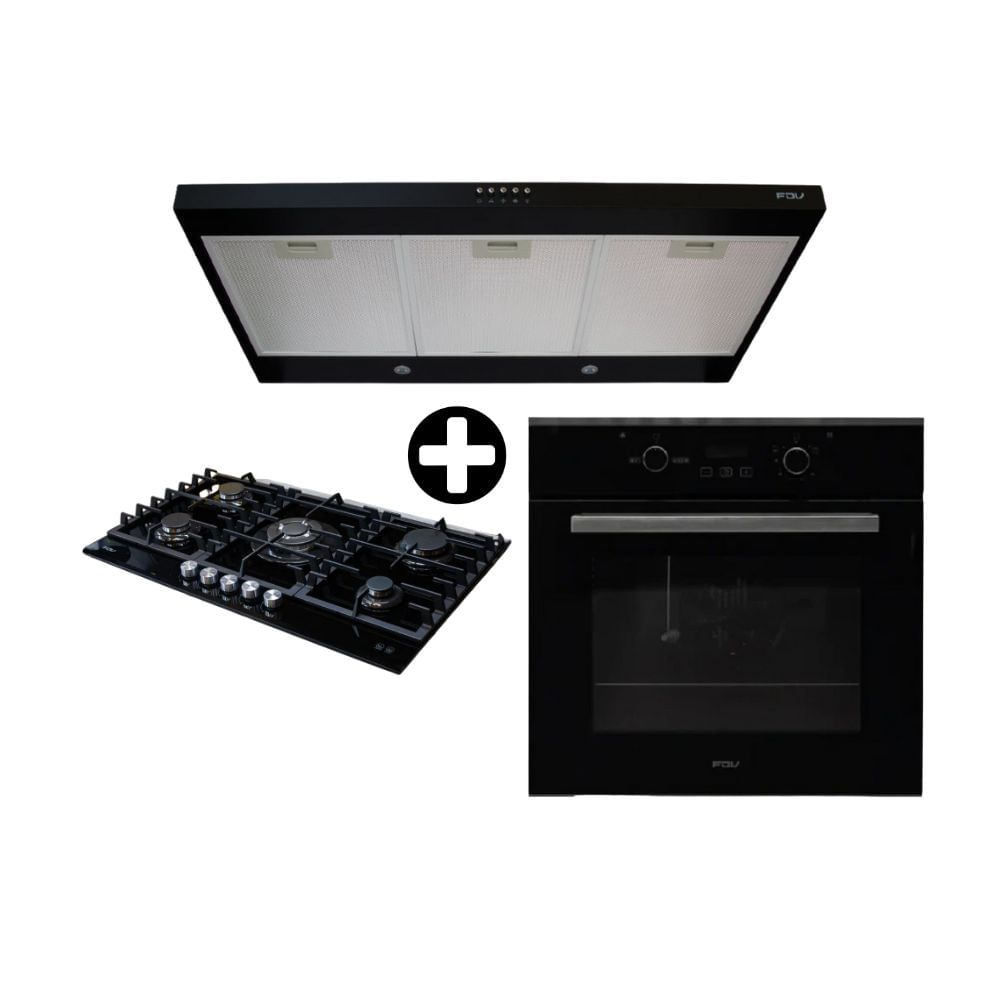 COMBO FDV: Cocina Encimera a Gas 5 Quemadores Chef Glass 90 + Horno Empotrable Glp Vidrio Templado Black 70L + Campana Extractora Class 90cm Negro