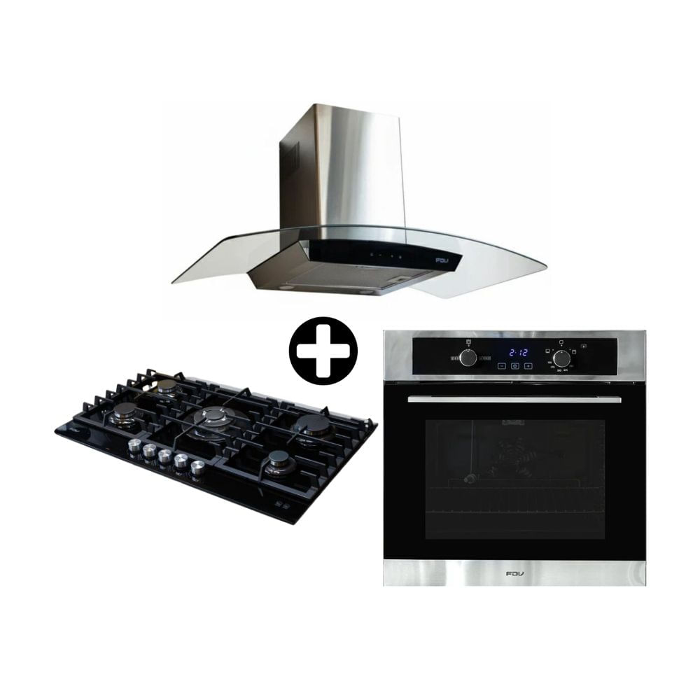 COMBO FDV: Cocina Encimera a Gas 5 Quemadores Chef Glass 90 + Horno Empotrable a Gas 70L Onix + Campana Extractora 90cm Decorativa Crystal