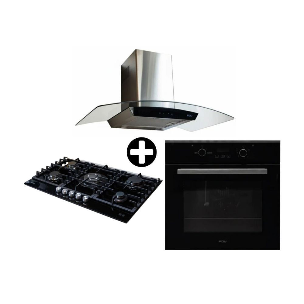 COMBO FDV: Cocina Encimera a Gas 5 Quemadores Chef Glass 90 + Horno Empotrable Glp Vidrio Templado Black 70L + Campana Extractora 90cm Crystal