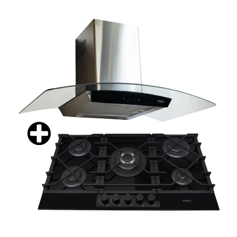 COMBO FDV: Cocina Encimera Vidrio Templado Signature 60 Negro 90cm + Campana Extractora 90cm Decorativa Crystal