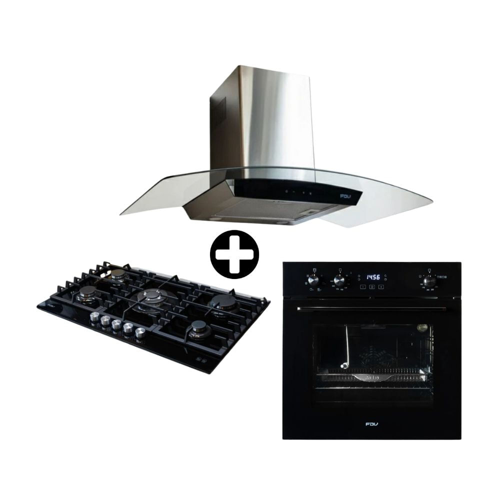 COMBO FDV: Cocina Encimera a Gas 5 Quemadores Chef Glass 90 + Horno Empotrable a Gas Black 70L Air Fryer + Campana Extractora 90cm Decorativa Crystal
