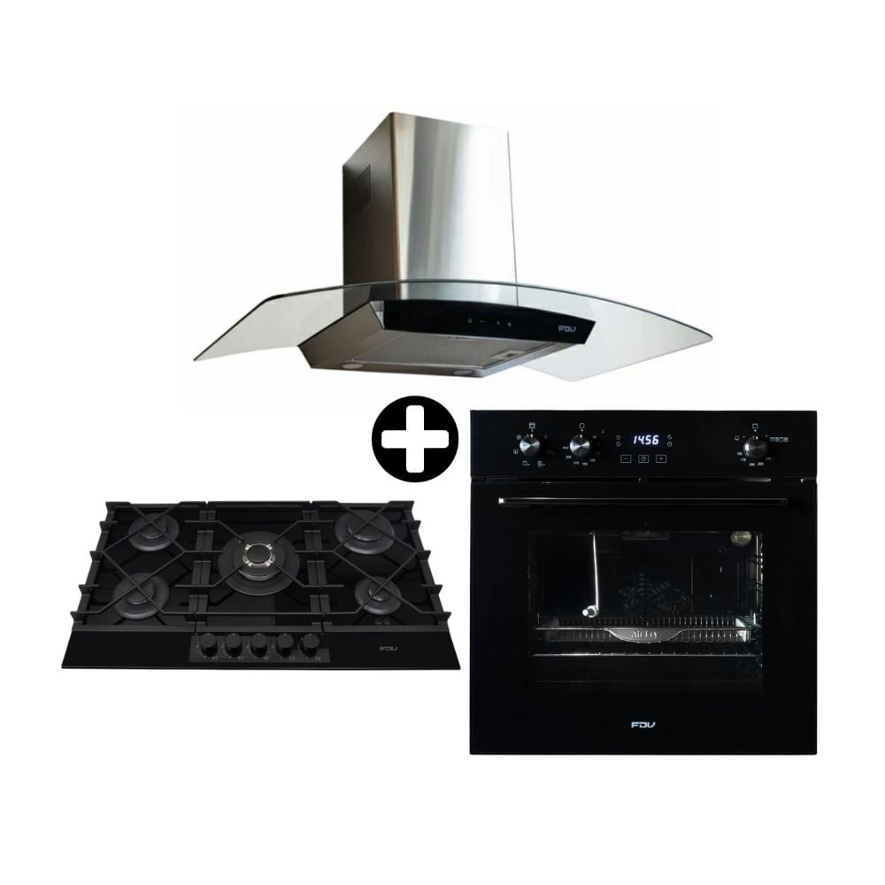 COMBO FDV: Cocina Encimera Vidrio Templado Signature 60 Negro 90cm + Horno Empotrable a Gas Black 70L Air Fryer + Campana Extractora 90cm Crystal