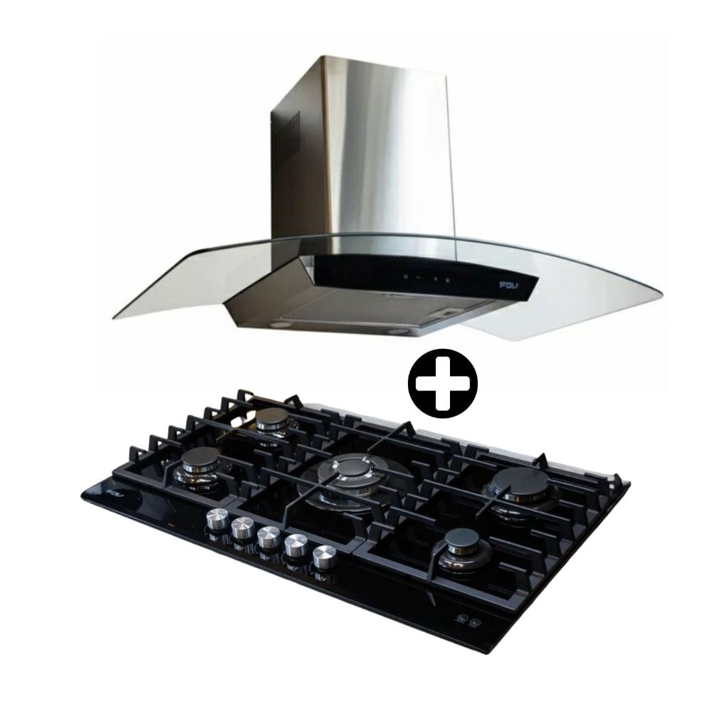 COMBO FDV: Cocina Encimera a Gas 5 Quemadores Chef Glass 90 + Campana Extractora 90cm Decorativa Crystal