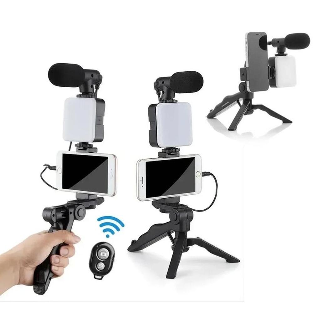 Microfono con Luz Led Recargable Mini Tripode para Celular Camara