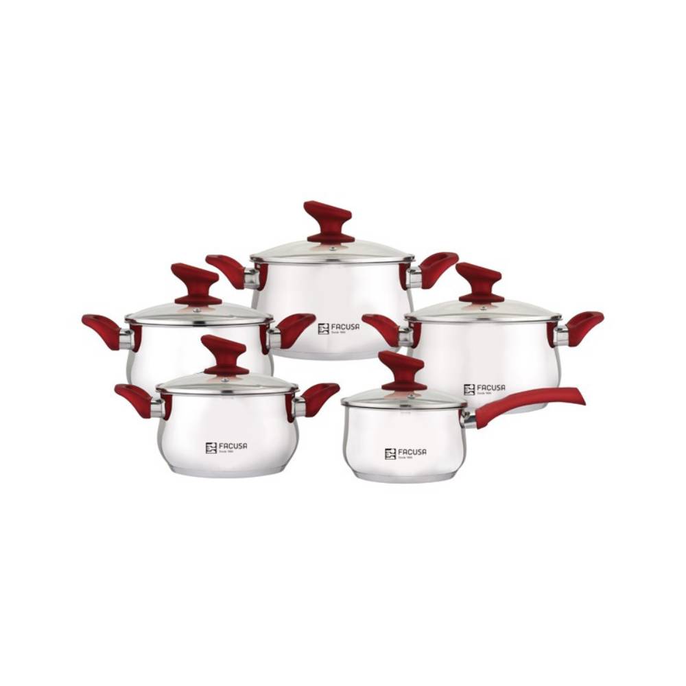 Set de Ollas x10 Flamenco en Acero inoxidable Tapa de Vidrio Color Rojo