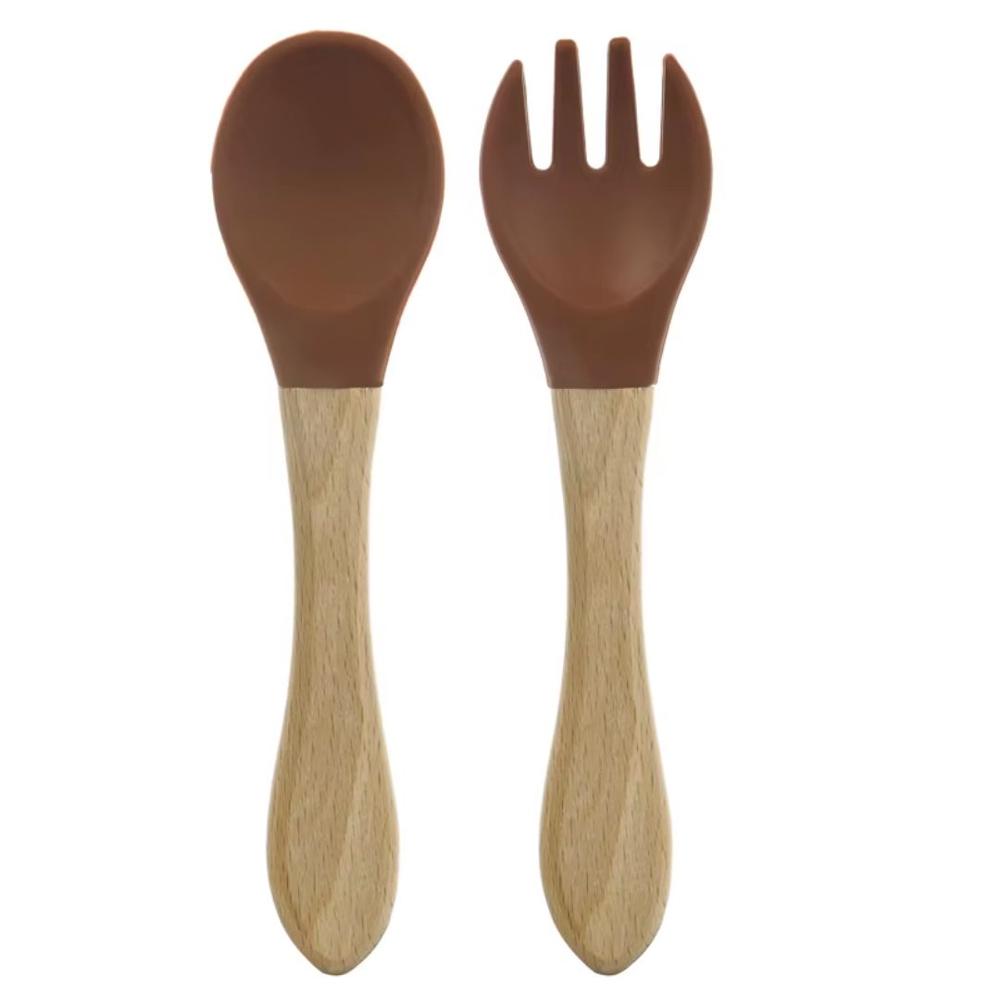 Set De Cuchara Y Tenedor De Silicona Con Mango De Madera Para Bebe Con Estuche niño