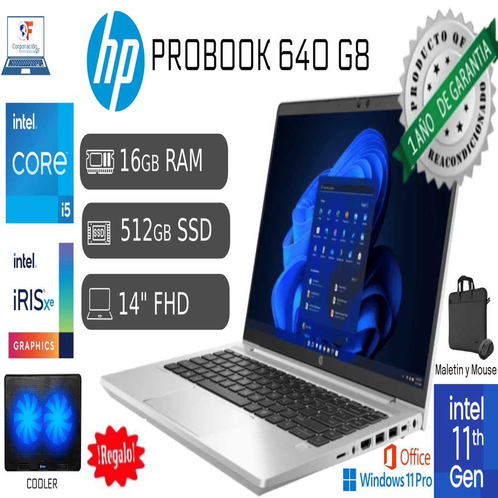 Laptop HP ProBook 640 G8 i5 11va 16GB RAM 512GB SSD Reacondicionada FHD COOLER MALETIN MOUSE