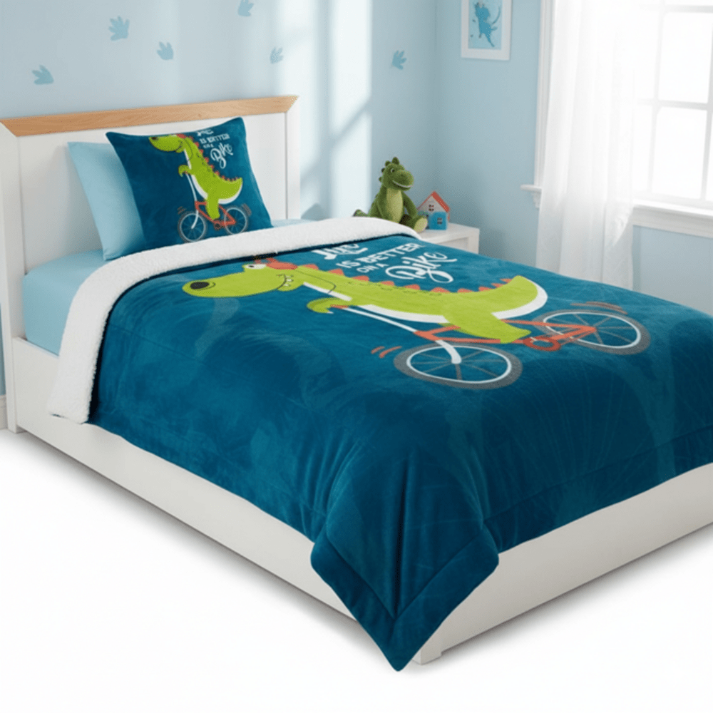 Edredón Flannel con Sherpa y 2 Fundas Sham Free Home Kids Dino Bike 2 plz