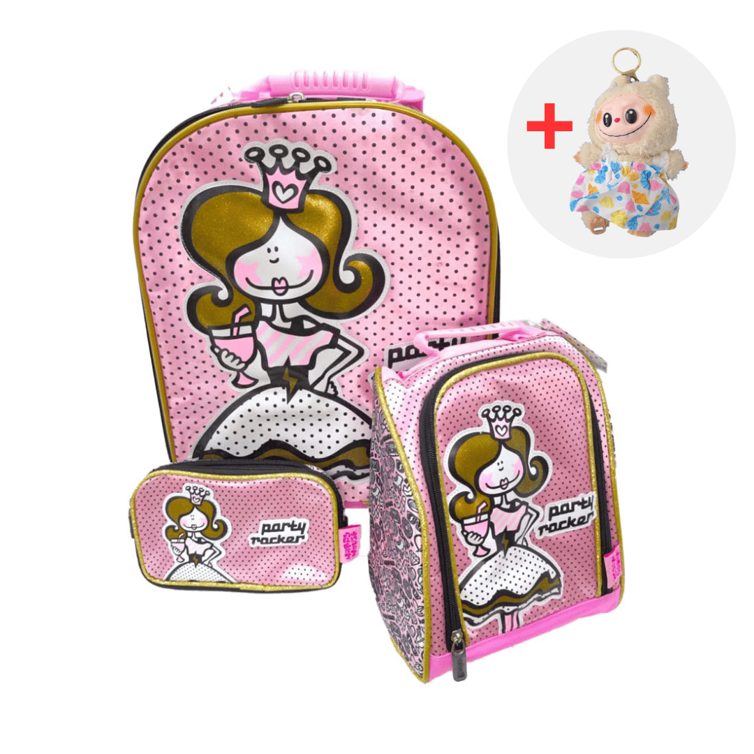 SET MOCHILA ESCOLAR PARTY ROCKER 3 CON LABUBU